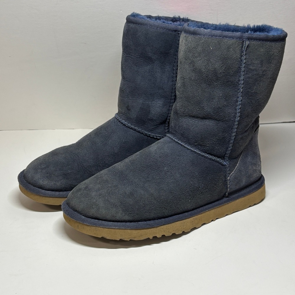 UGG Classic Short Boot Womens 9 Navy‎ Blue Suede Shearling Warm Cozy Loungewear